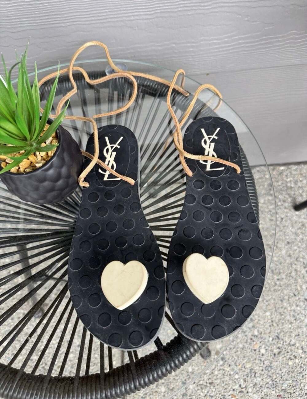 Saint Laurent YSL Black Rubber Heart Lace-Up Sandals - Picture 1 of 6